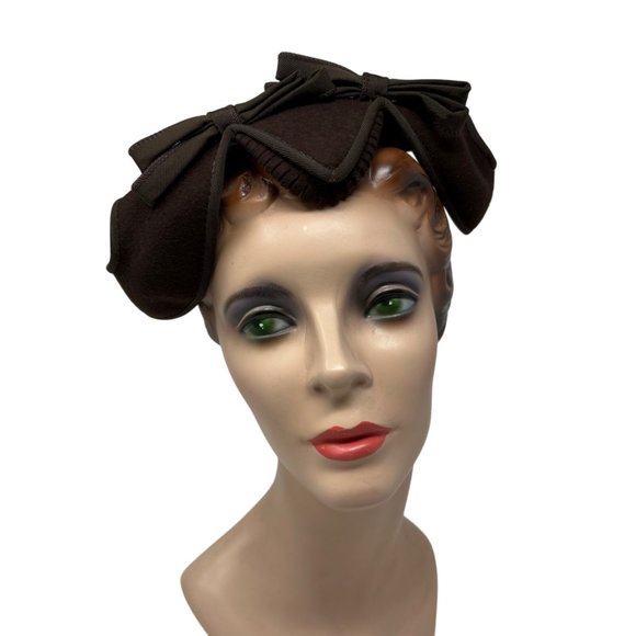Vintage Bows Hat Scalloped Chocolate Brown Wool Calot Cap main image 6